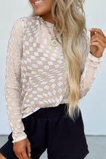 Checkered Mock Neck Long Sleeve Blouse - Ladyez