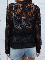 Sheer Lace Zip Up Long Sleeve Jacket - Ladyez