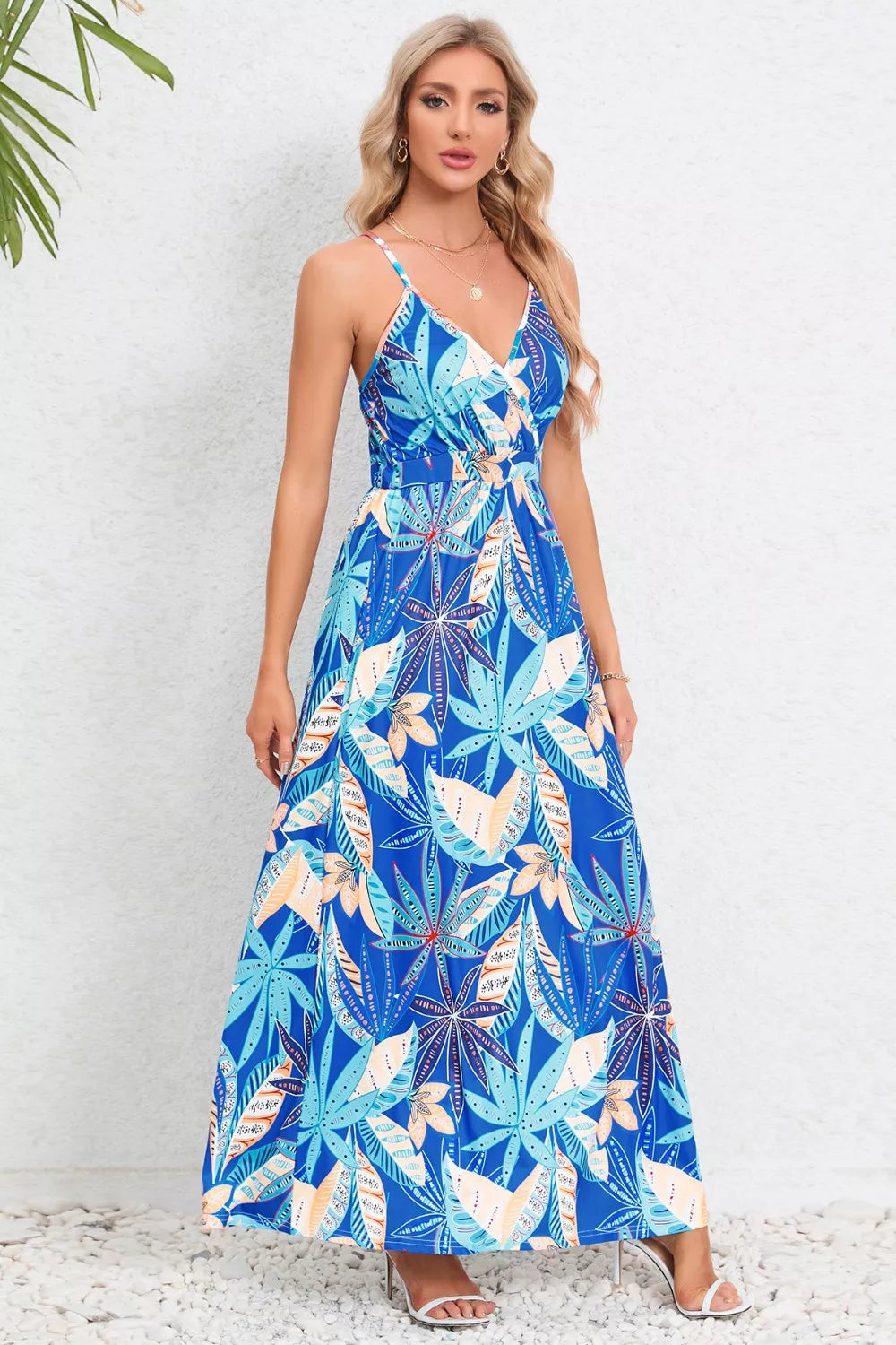Printed Surplice Maxi Cami Dress - Ladyez