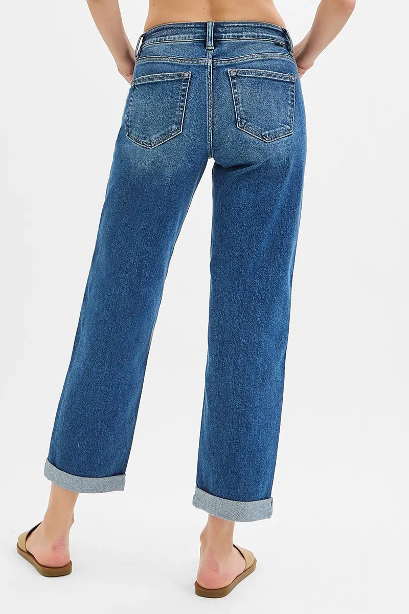 RISEN Full Size Mid Rise Boyfriend Roll Up Jeans Plus Size - Ladyez