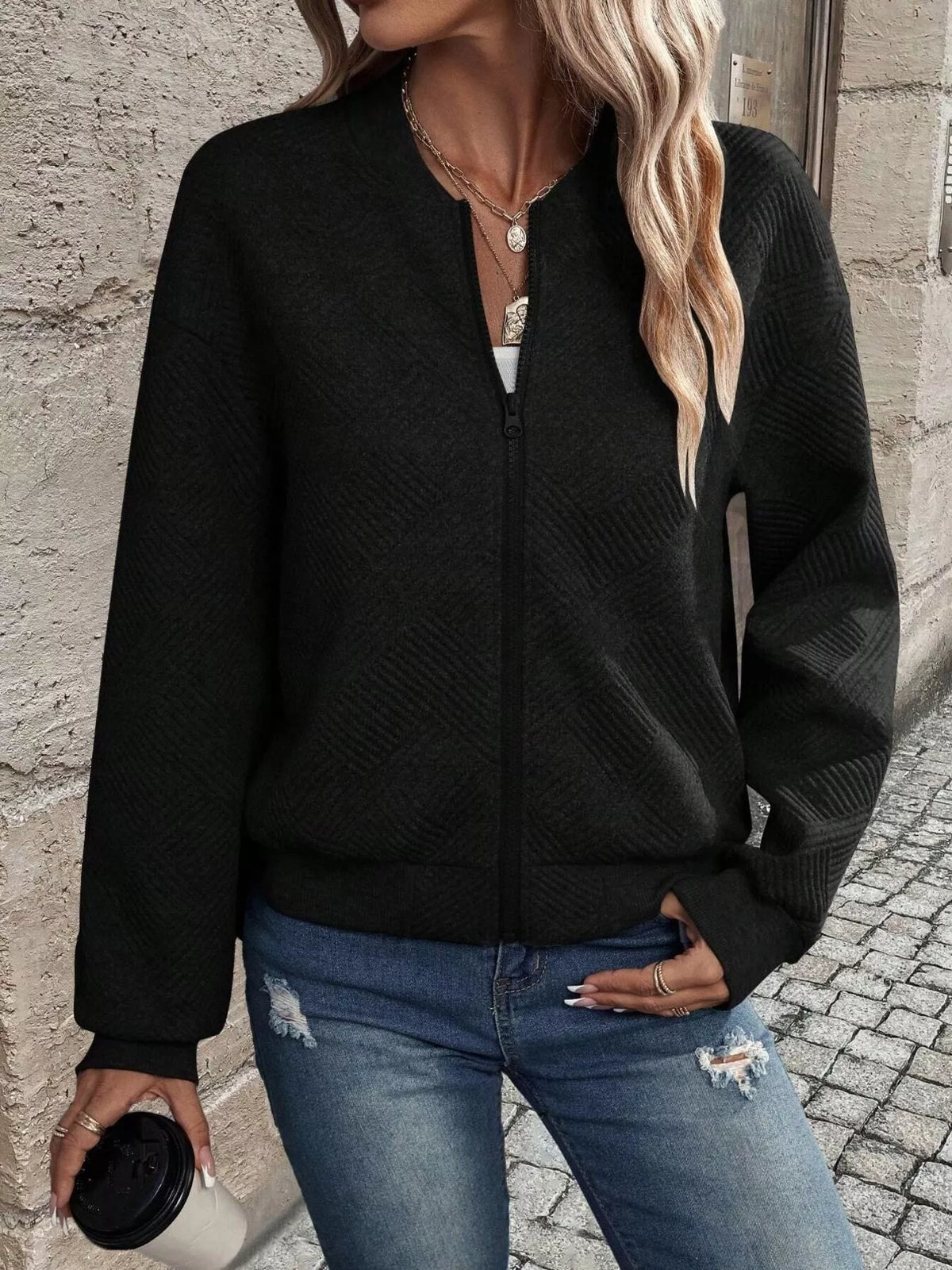 Full Size Zip Up Long Sleeve Textured Jacket Plus Size