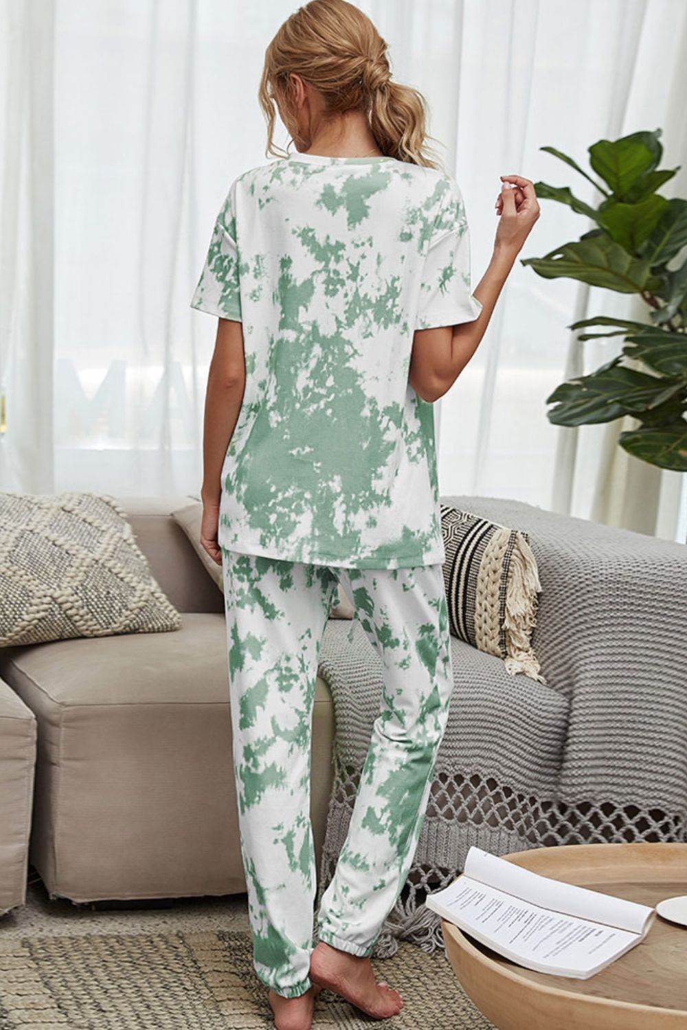 Shiny Tie-Dye Tee and Drawstring Waist Joggers Lounge Set - Ladyez