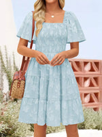 Smocked Square Neck Tiered Mini Dress