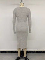 Ribbed Knit Twist Front Long Sleeve Midi Dress with Slit