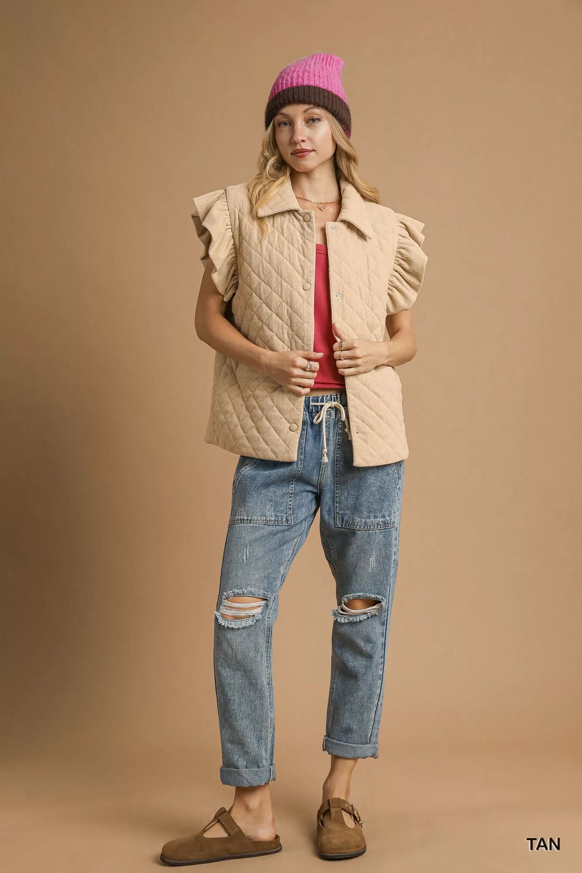 Umgee Corduroy Quilted Ruffle Sleeve Vest