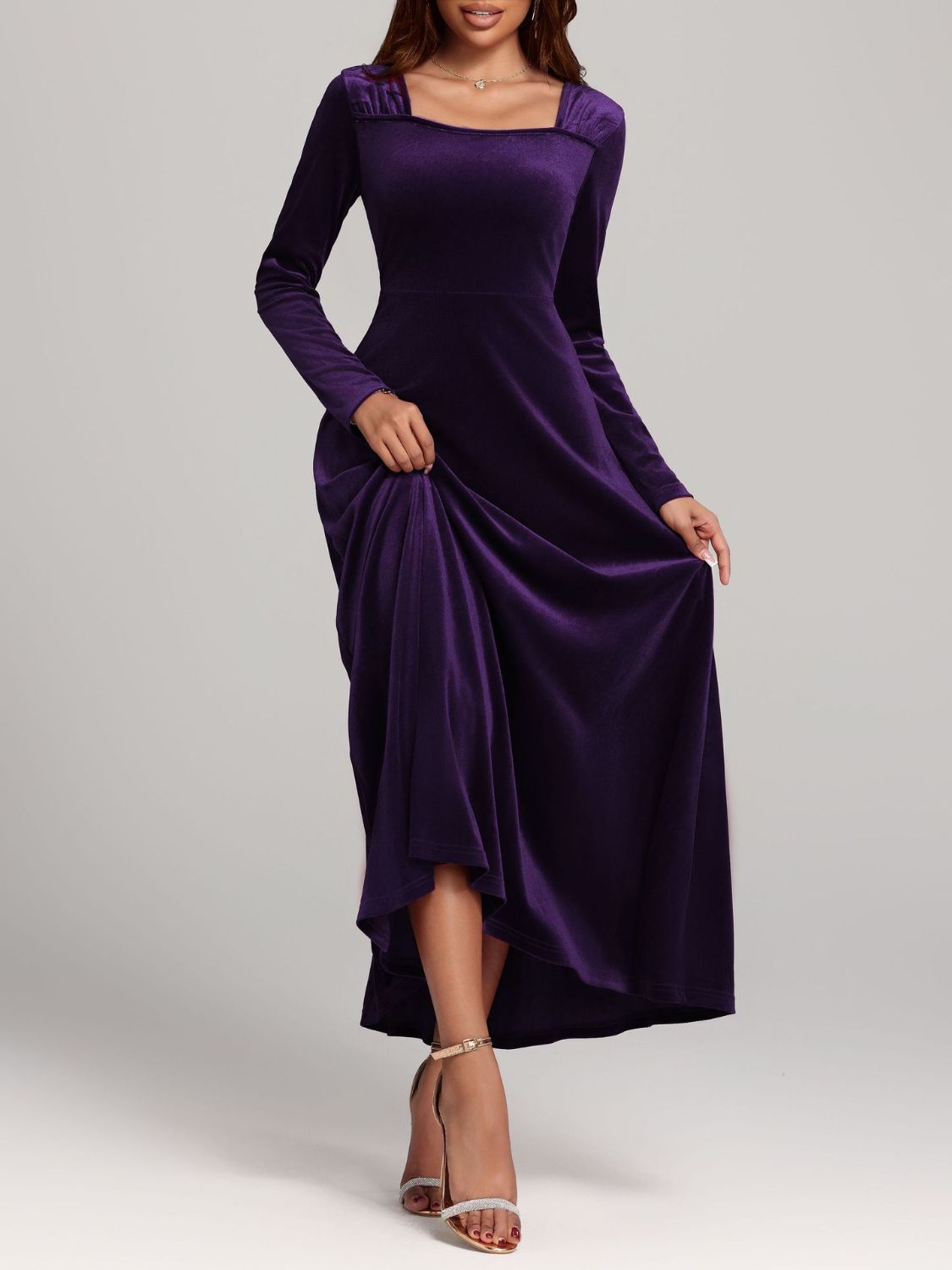 Square Neck Long Sleeve Velvet Dress - Ladyez