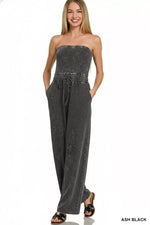 Zenana Acid Washed Strapless Tube Top Jumpsuit