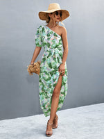 Printed Tie Waist One Shoulder Maxi Dress - Ladyez