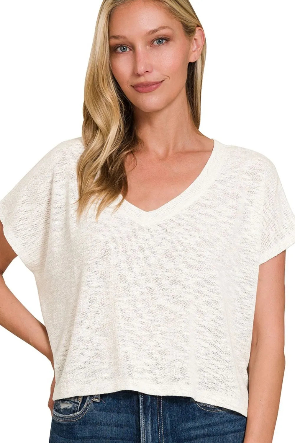 Zenana Hacci Slub V-neck Drop Shoulder Crop Top - Ladyez