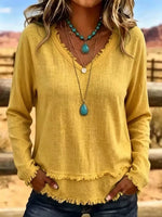 V-Neck Long Sleeve Blouse with Frayed Hem Detail