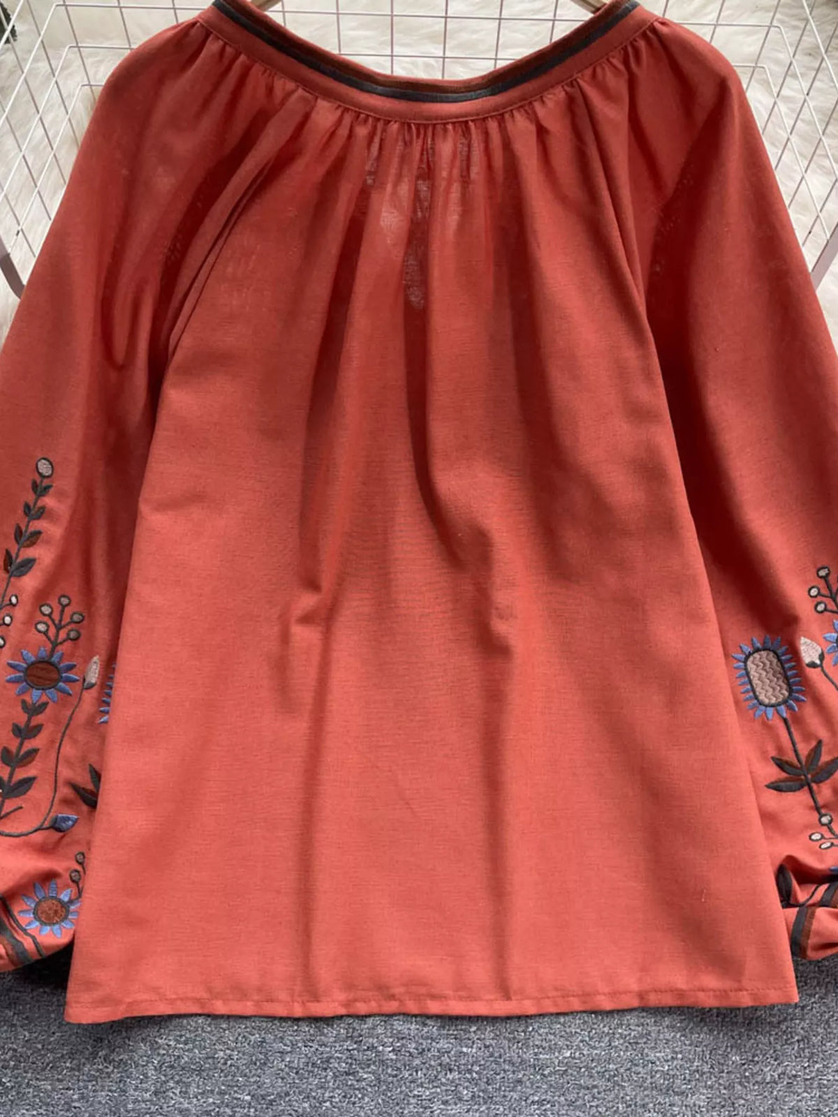 Embroidered Tie Neck Blouse