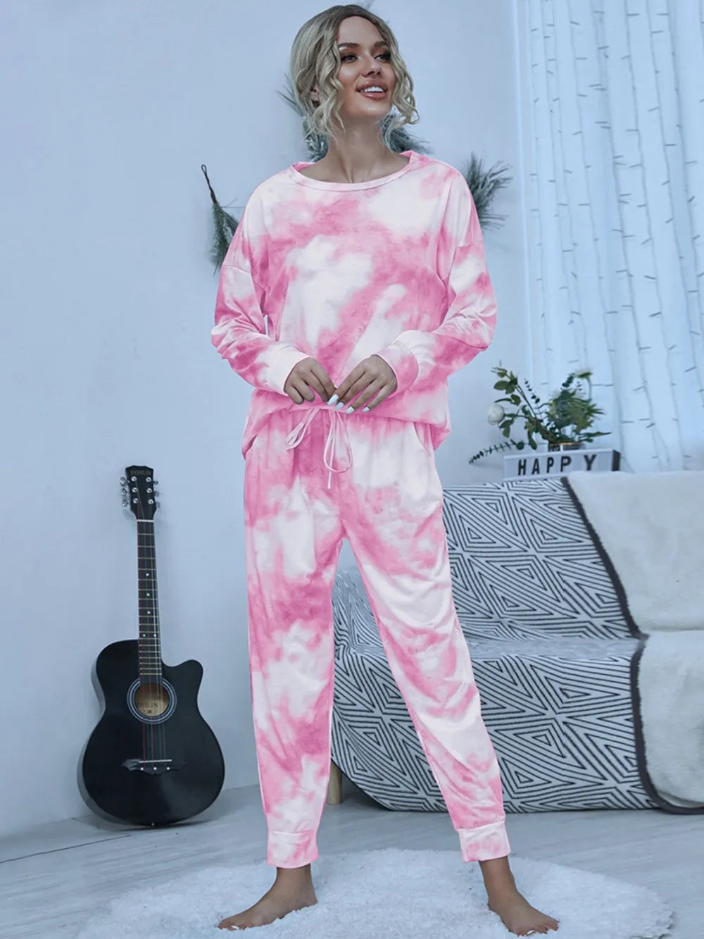 Shiny Tie-Dye Round Neck Top and Pants Lounge Set - Ladyez