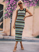 Striped Round Neck Sleeveless Midi Cover Up Dress - Ladyez