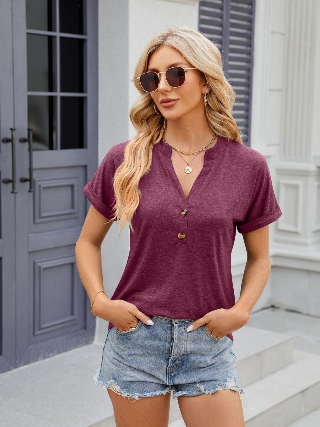 Florira Notched Short Sleeve T-Shirt - Ladyez
