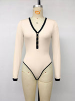 Ribbed V-Neck Long Sleeve Bodysuit with Contrast Trim