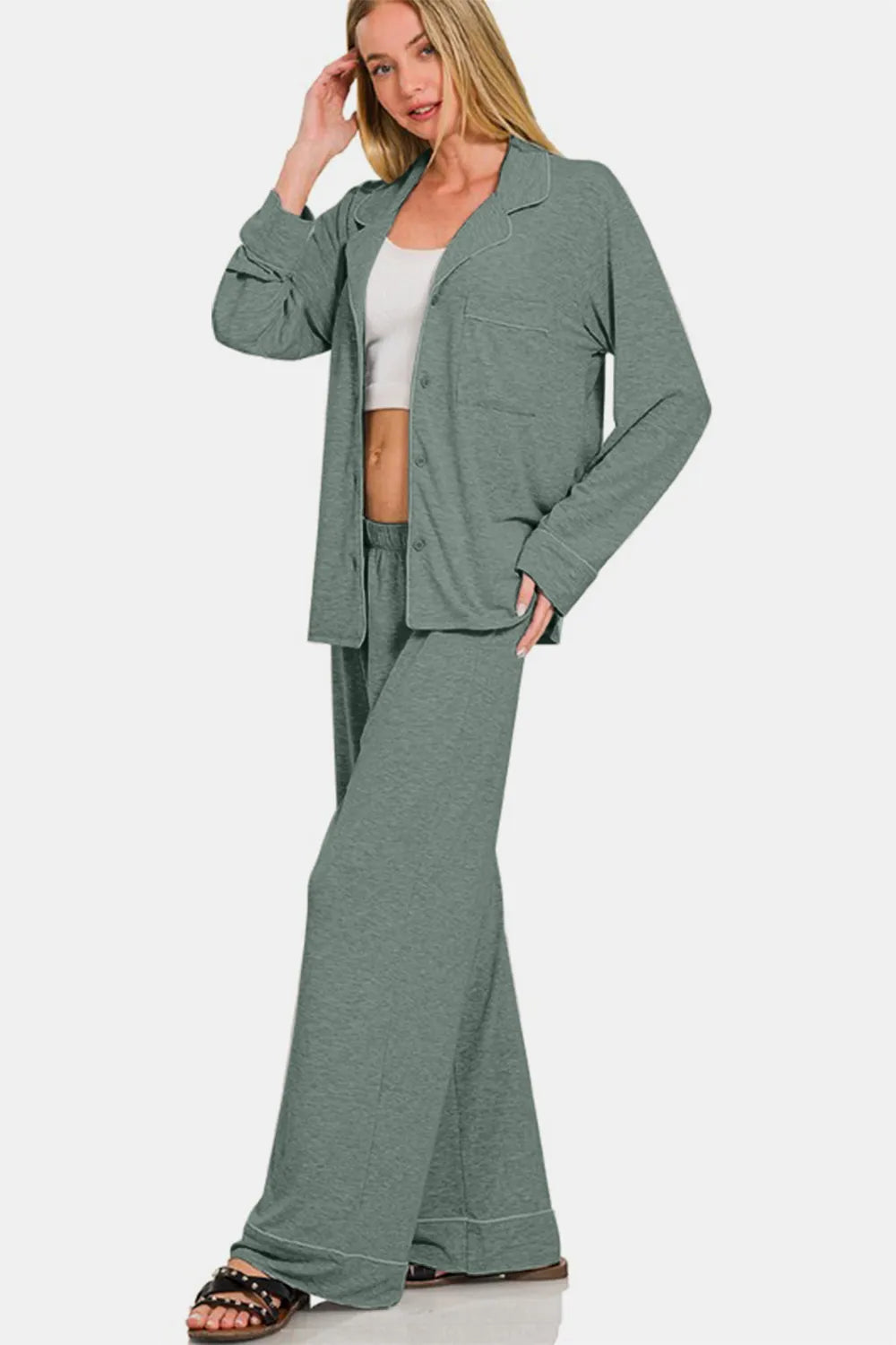 Zenana Button Down Long Sleeve Top and Pants Lounge Set - Ladyez