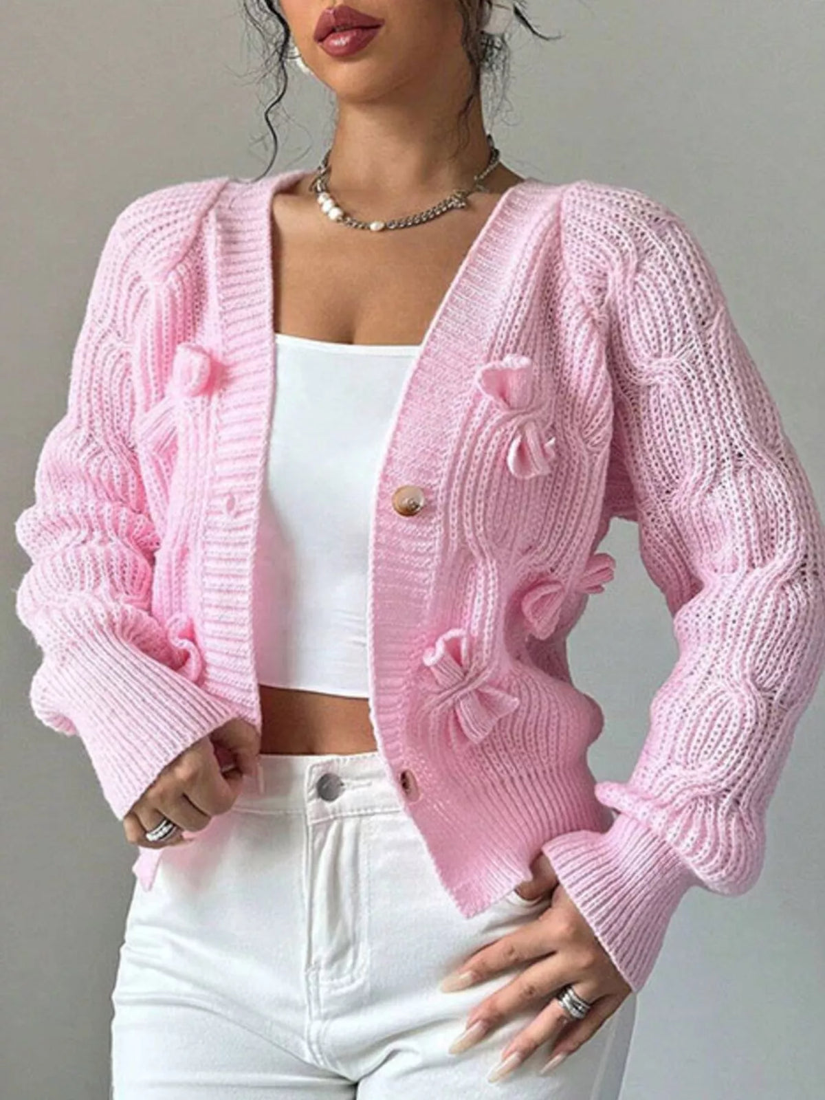 Bow Cable Knit V-Neck Cardigan