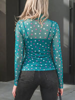 Polka Dot Patterned Bodycon Mock Neck Mesh Long Sleeve Top