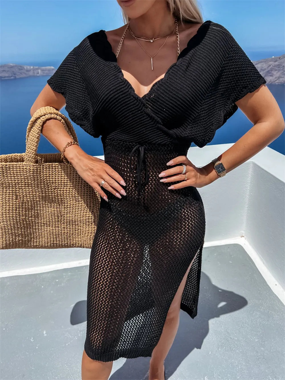 Slit Surplice Cap Sleeve Cover Up - Ladyez