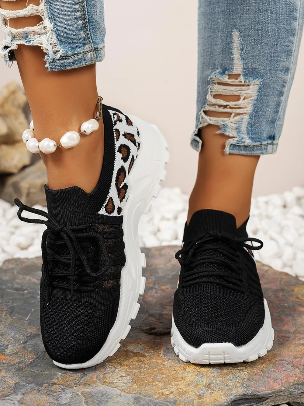 Cutout Leopard Lace Up Mesh Athletic - Ladyez
