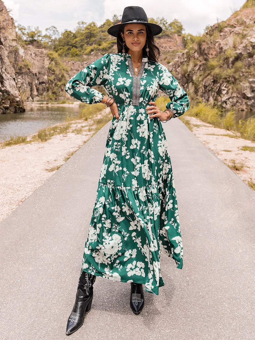 Printed Notched Neck Maxi Dress - Ladyez