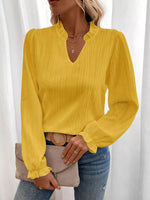 Ruffle Notched Long Sleeve Blouse