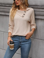 Button-Decor Long Sleeve Textured Top