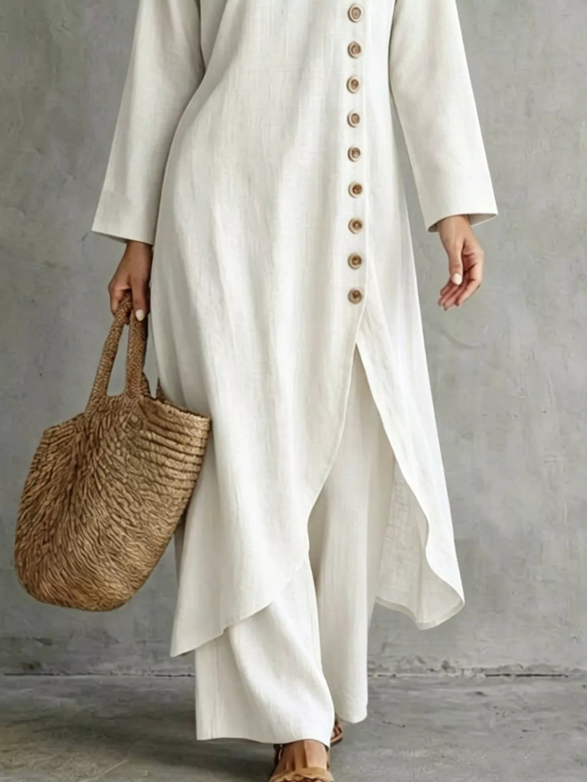Full Size Side-Buttoned Longline Top and Pants Set Plus Size