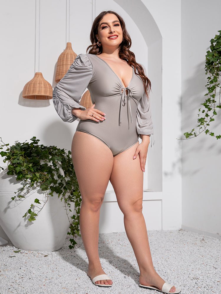 Plus Size Tied Deep V Balloon Sleeve One-Piece Swimsuit - Ladyez