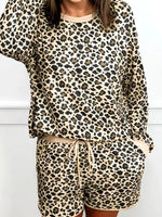 Leopard Print Contrast Trim Long Sleeve Pullover and Drawstring Shorts 2pcs Outfit