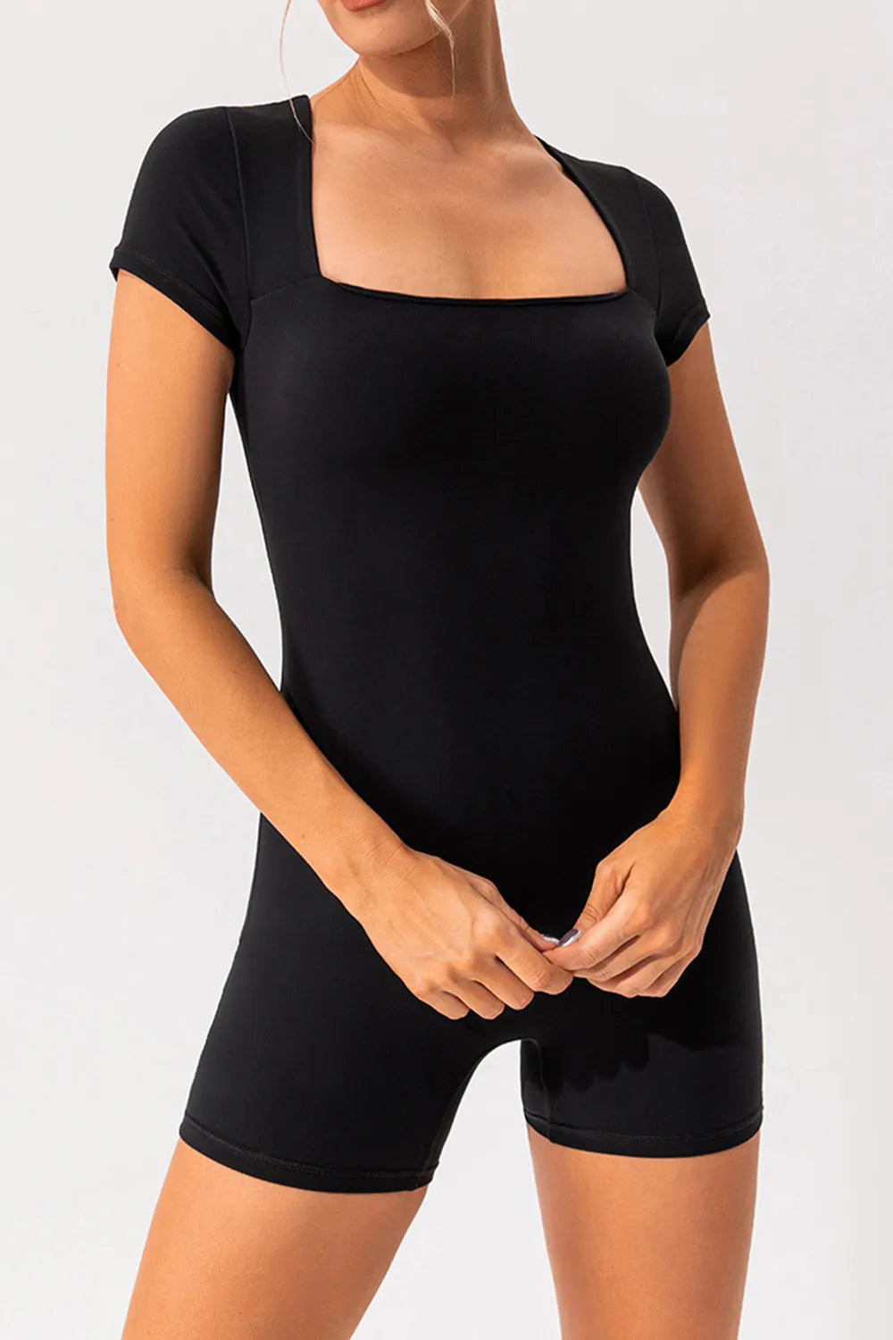 Square Neck Cap Sleeve Active Romper - Ladyez