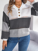 Color Block Striped V-Neck Button Detail Sweater