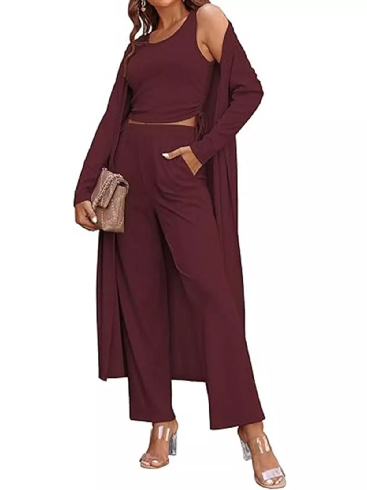 Round Neck Tank & Cardigan & Pants Set