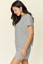Double Take Full Size Texture Short Sleeve T-Shirt and Drawstring Shorts Set - Ladyez