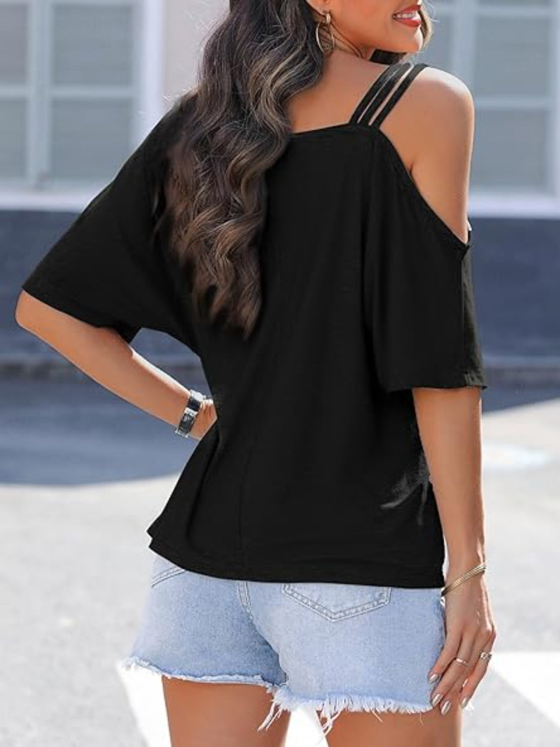 Asymmetrical Neck Half Sleeve T-Shirt - Ladyez
