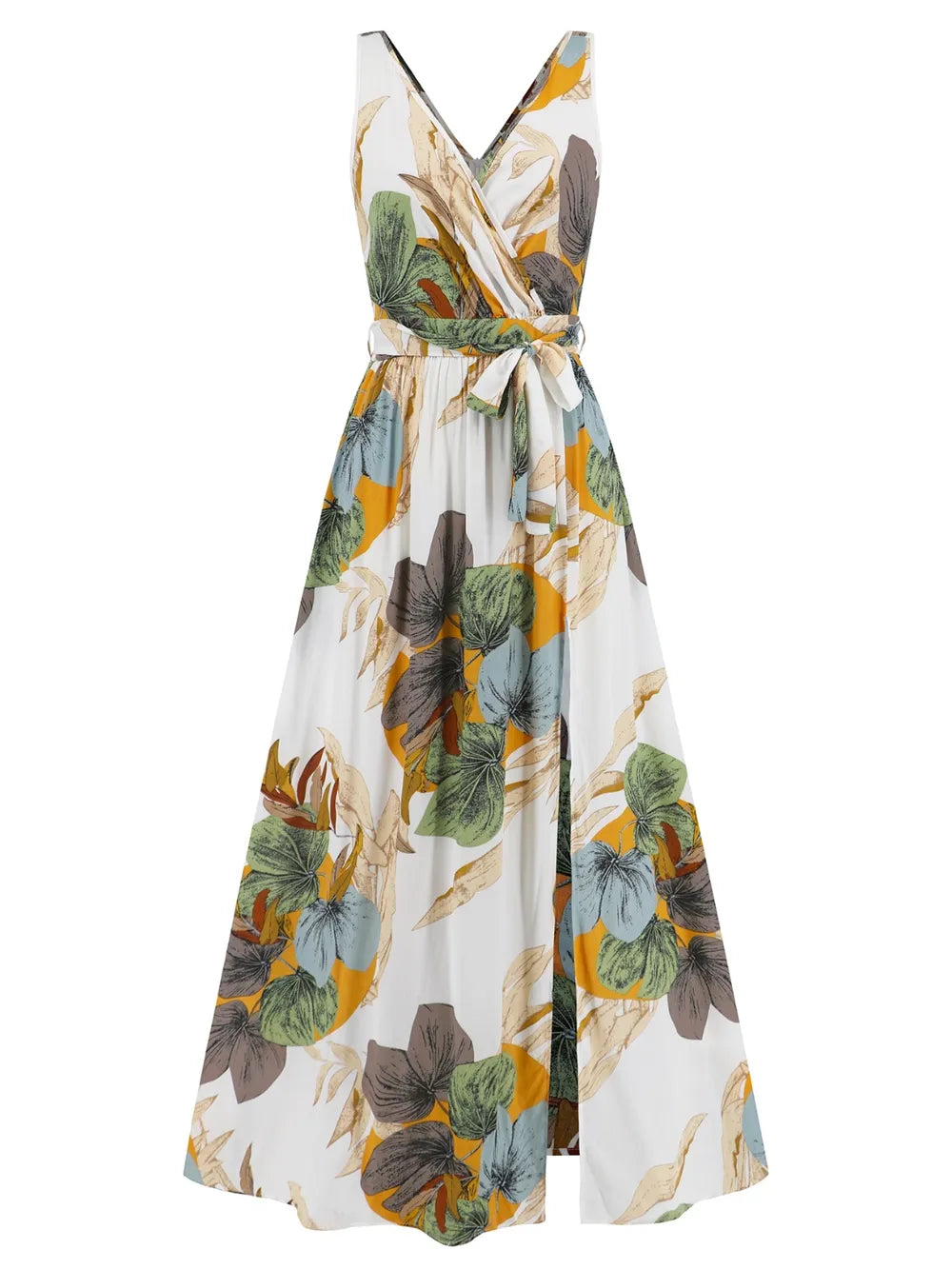 Slit Tied Printed Surplice Dress - Ladyez