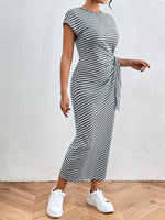 Honey Tied Striped Round Neck Short Sleeve Tee Dress - Ladyez