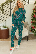 Candy Cane Print Round Neck Top and Pants Lounge Set - Ladyez