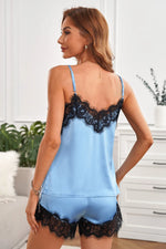 Lace Detail Spaghetti Strap Top and Shorts Lounge Set - Ladyez