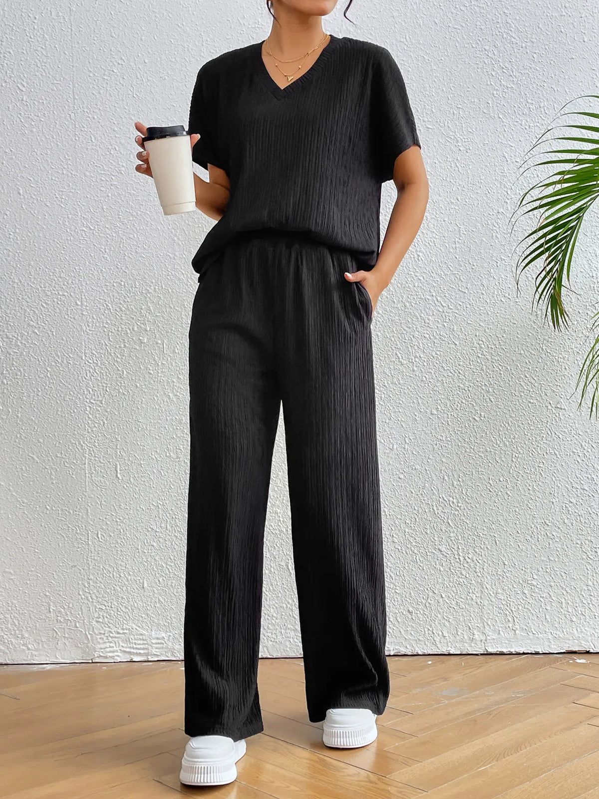 V-Neck Short Sleeve Top and Pants Set