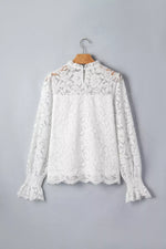 Ruffled Round Neck Long Flounce Sleeve Sheer Lace Blouse