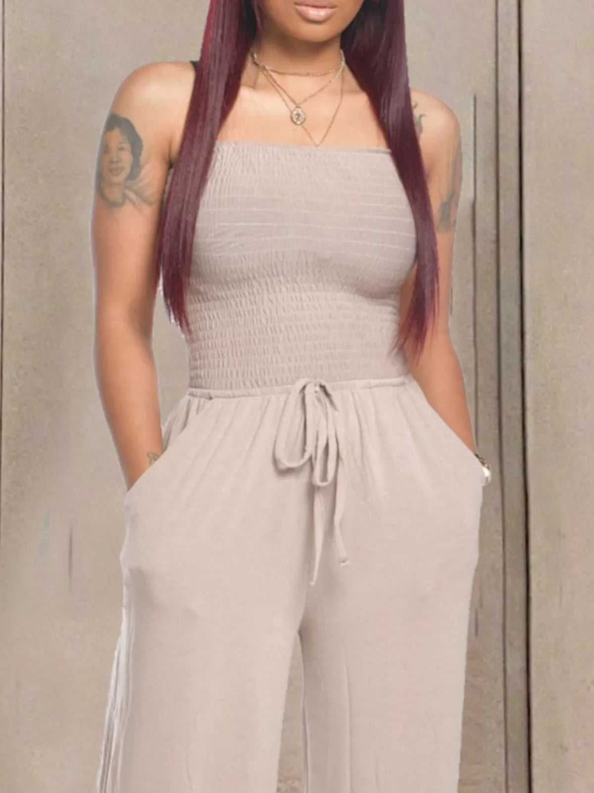 Strapless Smocked Wide-Leg Jumpsuit