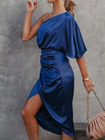 One-Shoulder Satin Wrap Dress with Side Slit - Ladyez