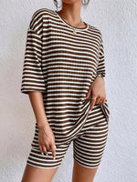 Striped Round Neck Top and Shorts Set