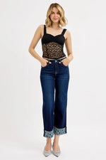 RISEN Full Size Mid Rise Fit Crop Wide With Printed Cuff Jeans Plus Size - Ladyez