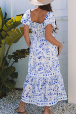 Smocked Printed Square Neck Puff Sleeve Dress
