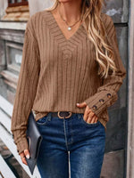 Ribbed V-Neck Long Sleeve Top