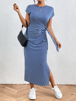 Honey Tied Striped Round Neck Short Sleeve Tee Dress - Ladyez