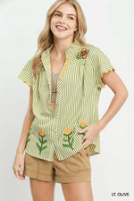 Umgee Embroidered Stripe Button Front Top