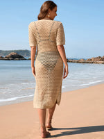 Slit Openwork Round Neck Cover-Up - Ladyez